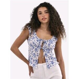 No Boundaries Floral Tie Front Peasant Top Womens Size XL Y2K Style White Blue